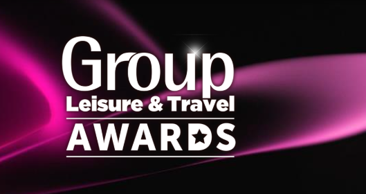the words 'Group Leisure and Travel Awards' are written in white on a black background with purple swirls